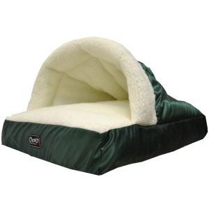 small dog bed in green and cream