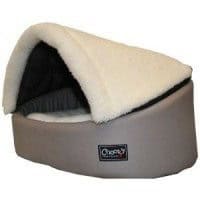 Choozy Klam luxury dog bed in taupe and cream sherpa, showing the cosy enclosed design with zip-off lid
